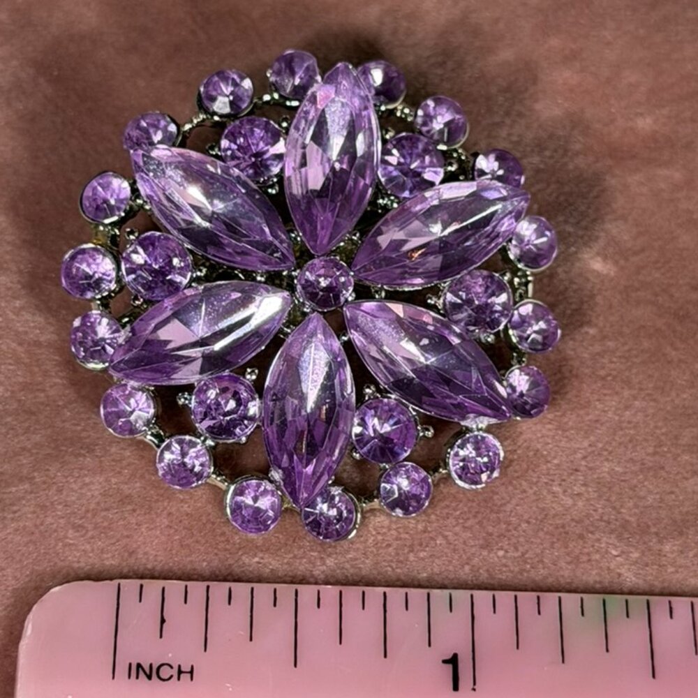 Purple & Silver Rhinestone Flower Brooch Pin - Picture 7 of 7